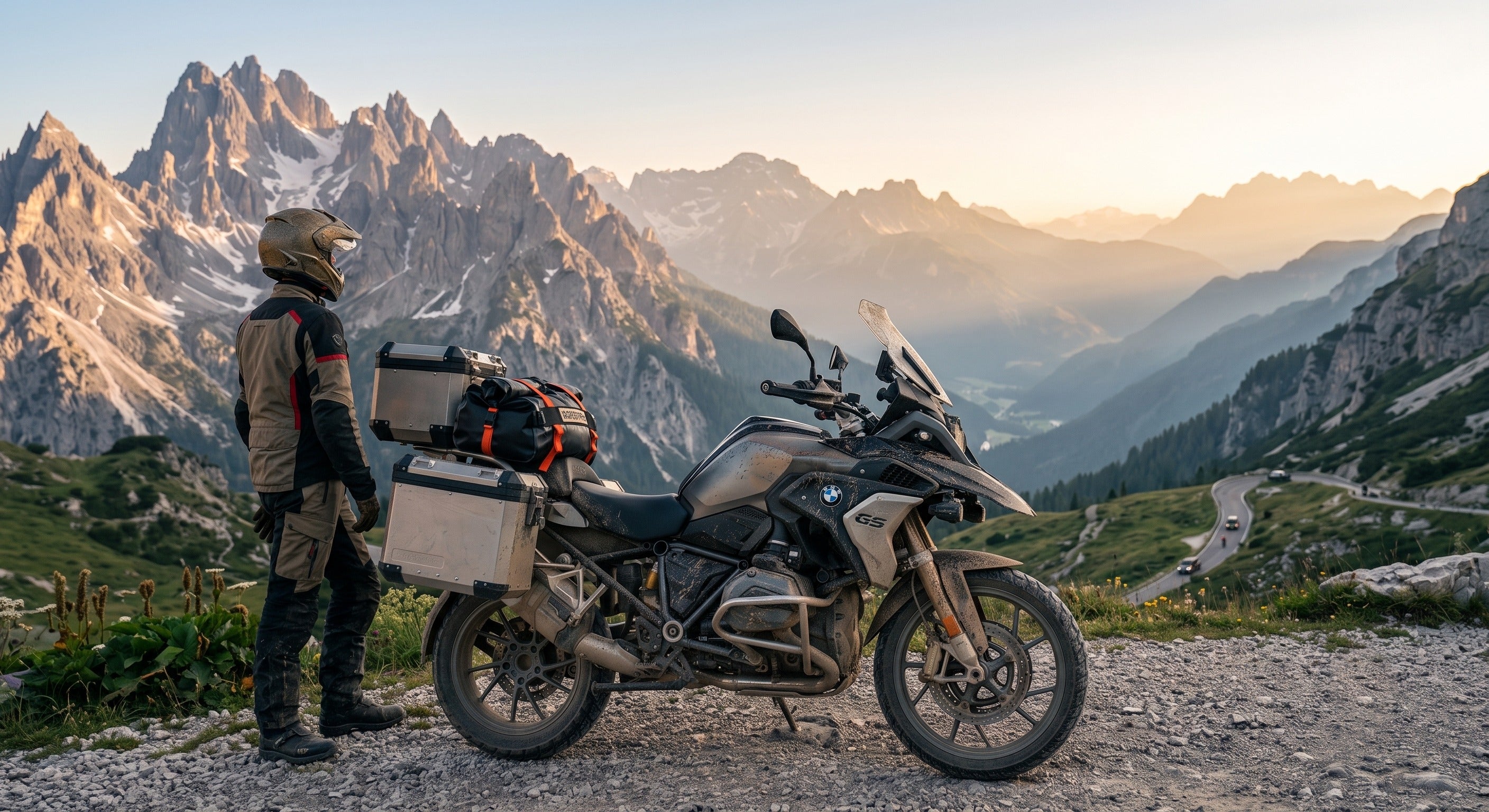 Rider at an alpine pass at sunrise, luggage strapped to a BMW GS