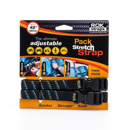 ROK Straps Pack Stretch Strap Twin Pack, featuring two black, blue and green  adjustable motorcycle / bike safety straps with blue and yellow stripes