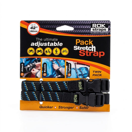 ROK Straps Pack Stretch Strap Twin Pack, featuring two black, blue and green  adjustable motorcycle / bike safety straps with blue and yellow stripes