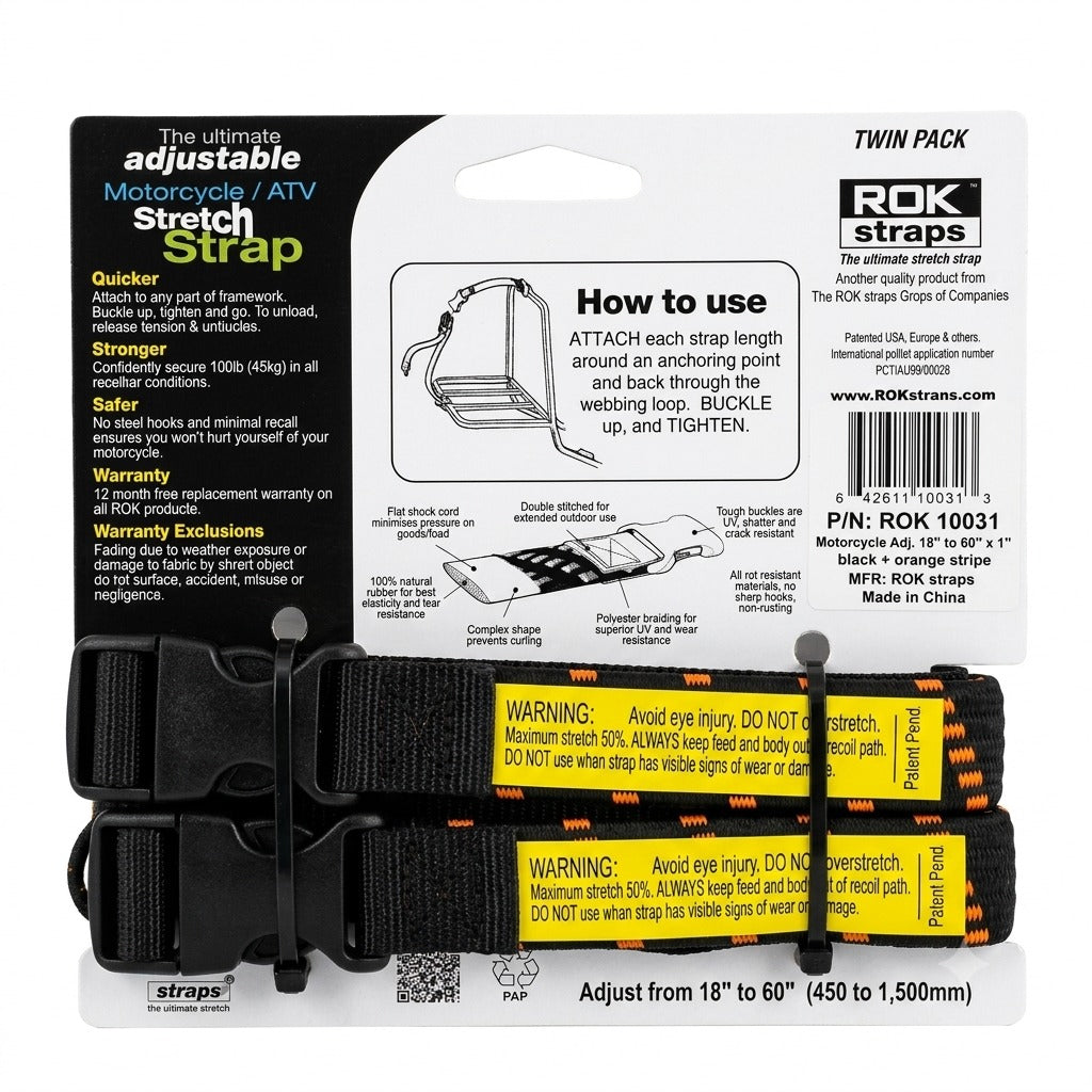 ROK Motorcycle Straps back of pack: how to use, 45 kg rating, 12 month warranty