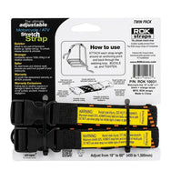 ROK Motorcycle Straps back of pack: how to use, 45 kg rating, 12 month warranty