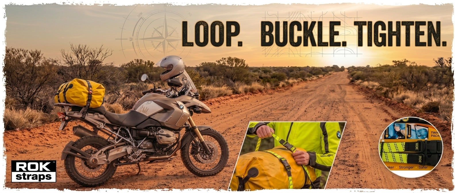 Loop. Buckle. Ride. Adventure bike loaded with a ROK-strapped dry bag on an outback dirt road at sunset